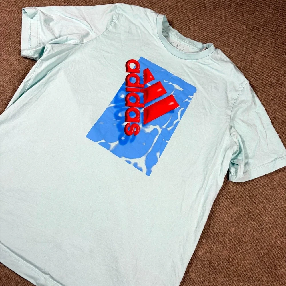 Adidas T-Shirt Mens XL Light Blue Spellout Graphic Classic Casual Wear Crew Neck